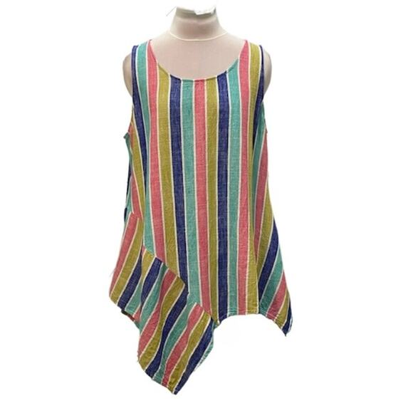 FOR CYNTHIA Womens M Linen Cabana Stripe Asymmetrical Tank Top Lagenlook Artsy - Picture 2 of 7
